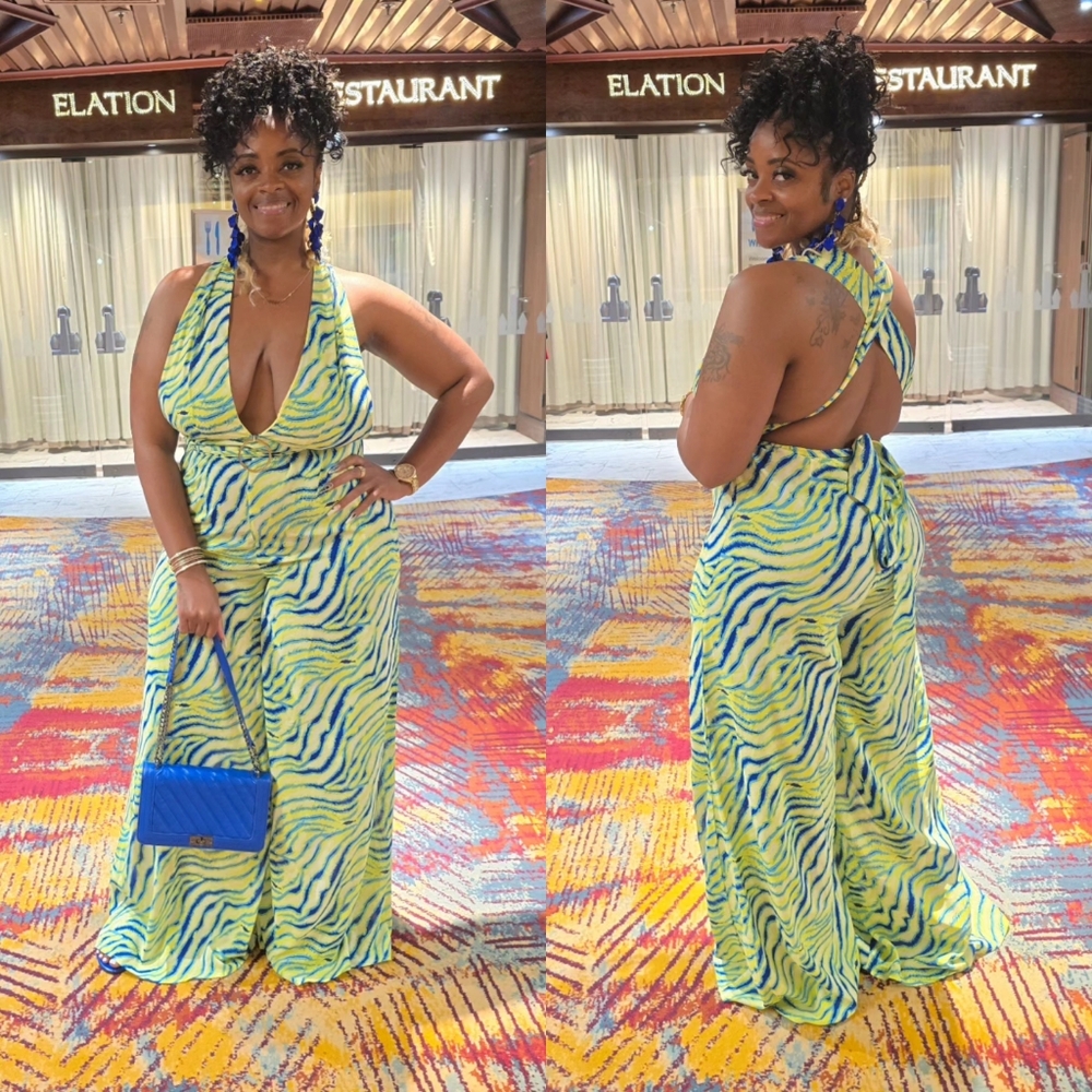 Halter-Neck Wide-Leg Jumpsuit in Lime Zebra Print
